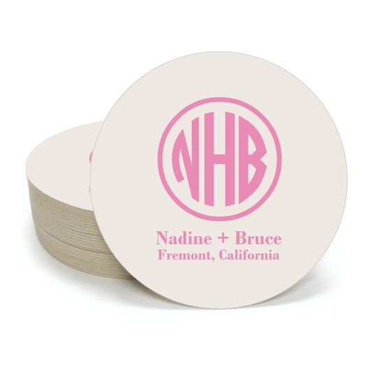 Framed Rounded Monogram with Text Round Coasters